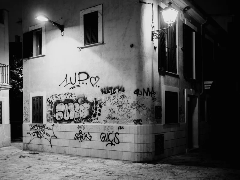Black and white photo of a graffiti-covered building corner illuminated by streetlights.