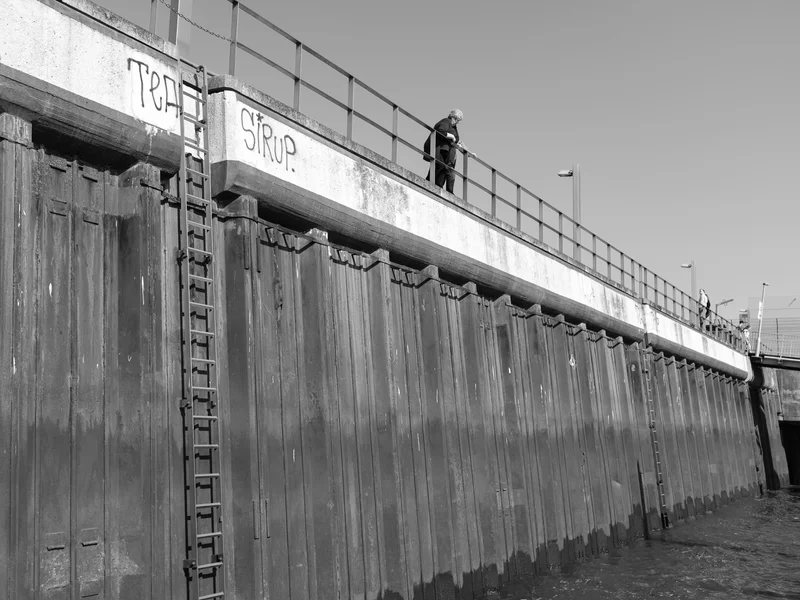 A person standing on a pier above a tall wooden wall with a ladder in a black and white photo.