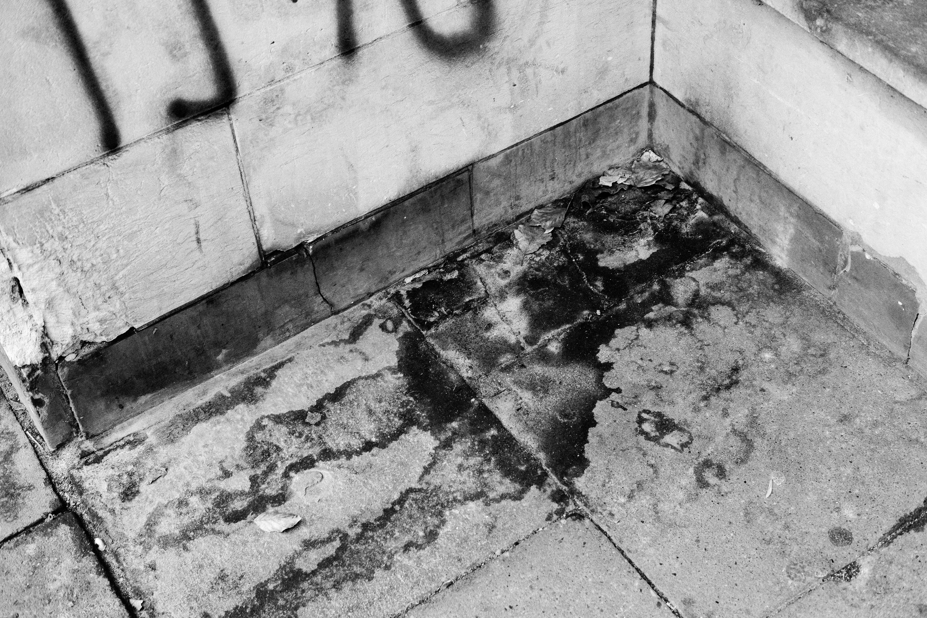 Black and white image of a corner with a tiled floor and a wall adorned with graffiti.