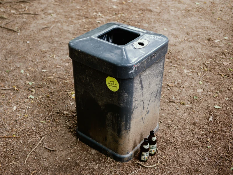 Gray trash bin with two glass bottles beside it on a dirt ground.