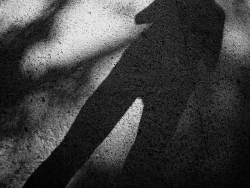 Shadow of a person on a textured ground with dappled light.