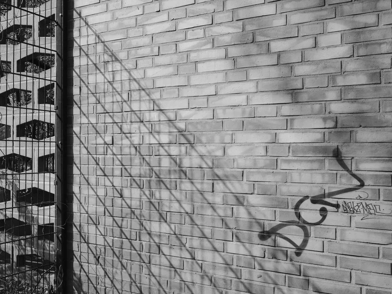A brick wall with graffiti and the shadow of a metal fence cast across it.