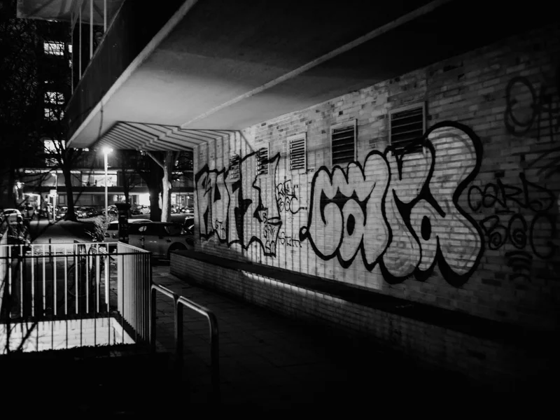 Black and white photograph of graffiti on a building wall at night with cars and trees in the background.