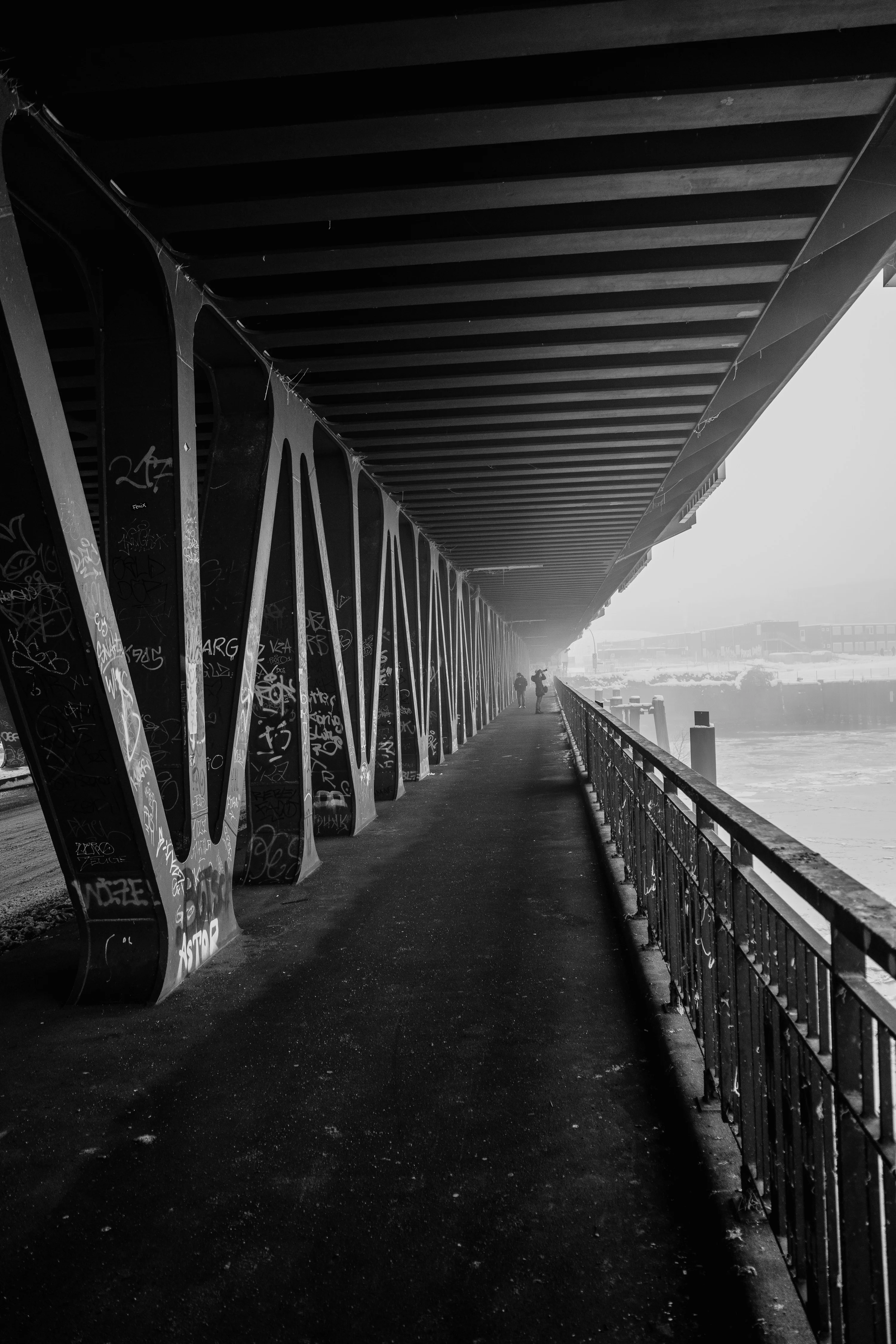 Black and white photo of a foggy pathway under a bridge with graffiti-covered support beams.
